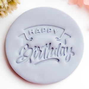 Happy birthday script cookie stamp - fondant embosser and cookie cutter set - birthday party cookies,  birthday baking decoration