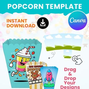 Mallar för popcornlåda | Redigerbar mall för snackslåda | Dra och släpp i Canva | Psd Svg Png Dxf | Utskrivbar DIY-festgåva