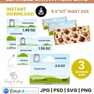 May include: An editable chocolate bar wrapper Canva template featuring three sizes: 1.45 oz, 1.55 oz, and 2.6 oz. The design includes a light blue sky with clouds, green hills, a nutrition facts label, and a chocolate and nut pattern on an 8.5"x11" sheet.