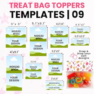 Puede incluir: Imagen promocional para plantillas de adornos para bolsas de golosinas, editables en Canva. El diseño presenta varios tamaños, incluyendo 7,6 cm x 7,6 cm y 13 cm x 23,1 cm, con espacio para diseños personalizados. También se muestra una bolsa de caramelos coloridos. El texto incluye "DESCARGAR | EDITAR | IMPRIMIR".