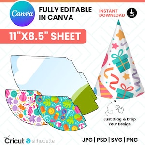 Bearbeitbare Party Cone Hat Vorlage - 11x8,5 Zoll | Leinwand + PNG Png Jpg | Sofort Download