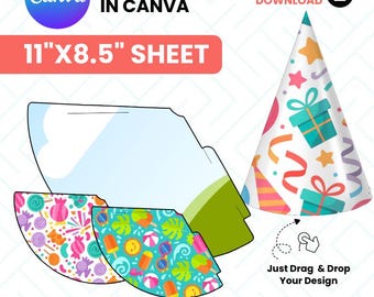 Editable Party Cone Hat Template – 11x8.5 inches | Canva + Svg Png Jpg Psd | Instant Download