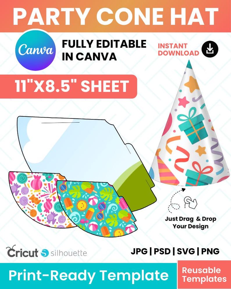 Editable Party Cone Hat Template – 11x8.5 inches | Canva + Svg Png Jpg Psd | Instant Download image 1
