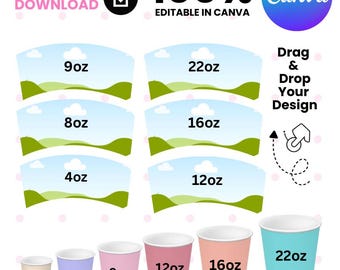Lot de modèles d'emballages pour gobelets en papier | Pochettes vierges pour tasse à café | Toile modifiable | Papier d'emballage de 4 oz à 22 oz | Etiquettes et maquettes de gobelets imprimables