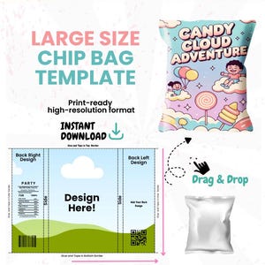 May include: A graphic design template for large-size chip bags. The design includes a "Candy Cloud Adventure" bag mockup, a blank bag, and a template with "Design Here!" and "Instant Download" text. The dimensions are 11 x 8.5 inches.