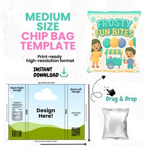 May include: A digital template for medium-sized chip bags, featuring a design area and a mockup of a filled bag. The template is 6.5 x 8.5 inches and includes a "Drag & Drop" element. The design includes the text "Frosty Fun Bites".