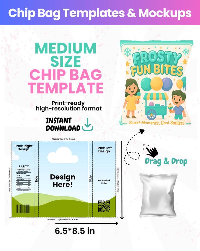 May include: A digital template for medium-sized chip bags, featuring a design area and a mockup of a filled bag. The template is 6.5 x 8.5 inches and includes a "Drag & Drop" element. The design includes the text "Frosty Fun Bites".