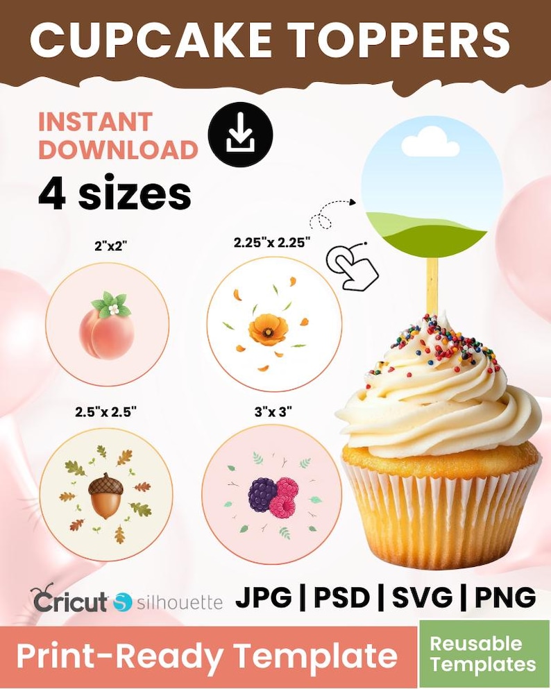 Printable Topper Editable Cupcake Toppers Template | Canva Party Toppers | Printable ...