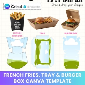 Peut inclure: Un modèle numérique pour une boîte de frites, un plateau et une boîte à burger. L'image comprend des exemples des boîtes assemblées avec de la nourriture et les modèles plats et imprimables. Le texte comprend "Téléchargement instantané", "Format de feuille 8,5"x11"" et "Modèle prêt à imprimer".