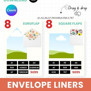 Mall för kuvertinlägg Canva redigerbar, bröllopskuvertinlägg, euroflik och fyrkantig flik, mall för inbjudningsinlägg