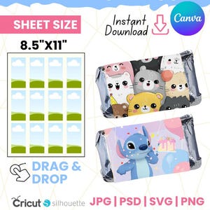 May include: Print-ready mini candy wrapper template with a sheet size of 8.5"x11". The design includes a drag and drop feature and is compatible with Cricut and Silhouette machines. The template features candy wrappers with cartoon characters.