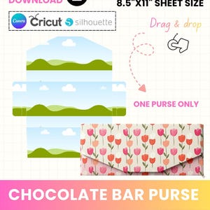 以下が含まれることがあります： チョコレートバーの財布用の印刷可能なテンプレート。デザインには、クリーム色の背景にピンク、赤、オレンジのチューリップの花柄の財布が含まれています。「Chocolate Bar Purse」と「Print-Ready Template」のテキストも表示されています。