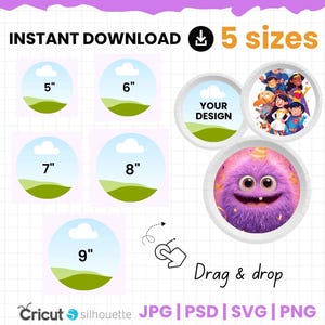 May include: A paper plate template with the text "Paper Plate Template" and "Instant Download." The image shows paper plates in 5", 6", 7", 8", and 9" sizes, plus examples with designs. Includes "Drag & drop" instructions and file type options.