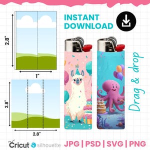Op de afbeelding: Klaar om af te drukken aansteker label sjabloon met afmetingen van 7,1 cm bij 2,5 cm. Het ontwerp bevat een lama met een feesthoed en een octopus met ballonnen. Compatibel met Cricut- en Silhouette-machines. De tekst luidt "Direct downloaden" en "Klaar om af te drukken sjabloon".