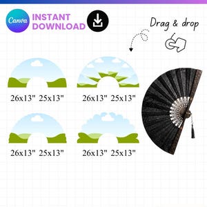 Puede incluir: Una plantilla digital Clack Fan con cuatro diseños gráficos de paisajes con etiquetas de 26x13 pulgadas y 25x13 pulgadas, un logo de Canva, icono de descarga, texto drag & drop y un abanico plegable negro con borla a la derecha.