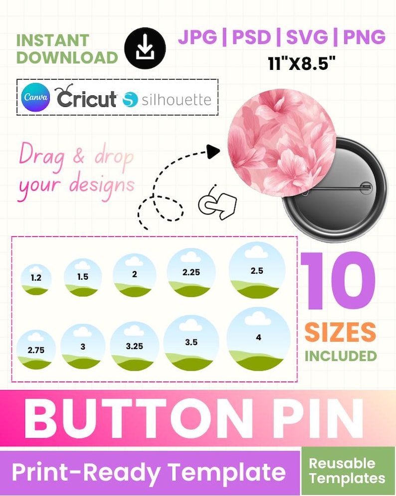 Editable Button Pin Template Bundle | Circle Badge Canva Template ...