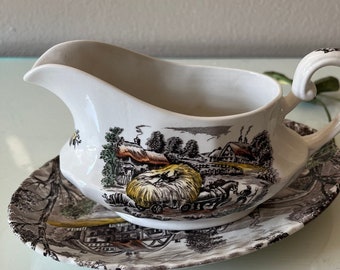 Yorkshire Multicolor by Staffordshire / discontinued English iron stone  / ironstone gravy boat and underplate Yorkshire Multicolor