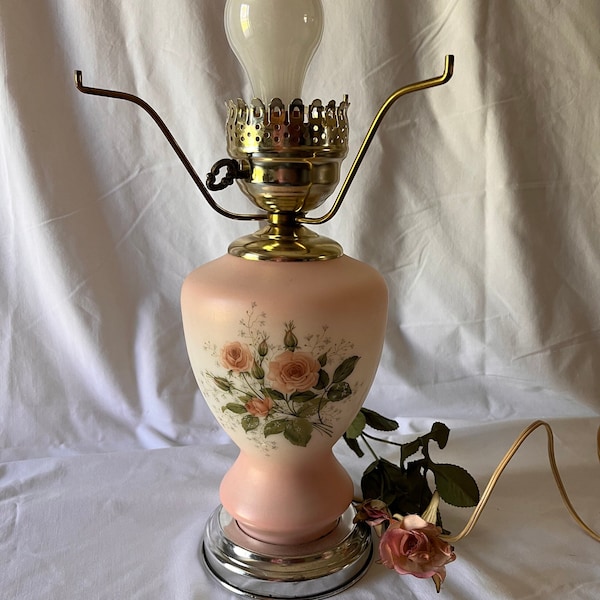 Used vintage glass, ceramic GWTW Gone With the Wind lamp base only / pink with pink flowers glass lamp base with brass arms for globe