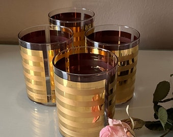 Vintage used Culvers gold striped bar glasses / double old fashioned Culver's glasses / vintage barware / all glasses with loss of paint