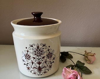 Vintage 1970s Small  Brown Beige Floral Folk Art Ceramic Canister: Issue