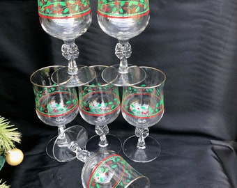Stem Wine Water Glass Goblet Etched Gold Rim Set 4 Christmas Arby's Libby Rare 