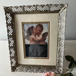 Fancy filigree picture frame with Angel picture & "Love is" verse / metal frame for 8 x 10 / standing filigree frame / vintage 8 x 10 frame