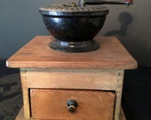 Retro, vintage, primitive, country, farmhouse wood coffee mill or grinder with cast iron top crank kitchen countertop appliance, gadget