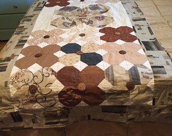 SALE / Quilted bed runner with neutral colors of browns beige in large square flowers with button center /  half quilt / neutral bed runner