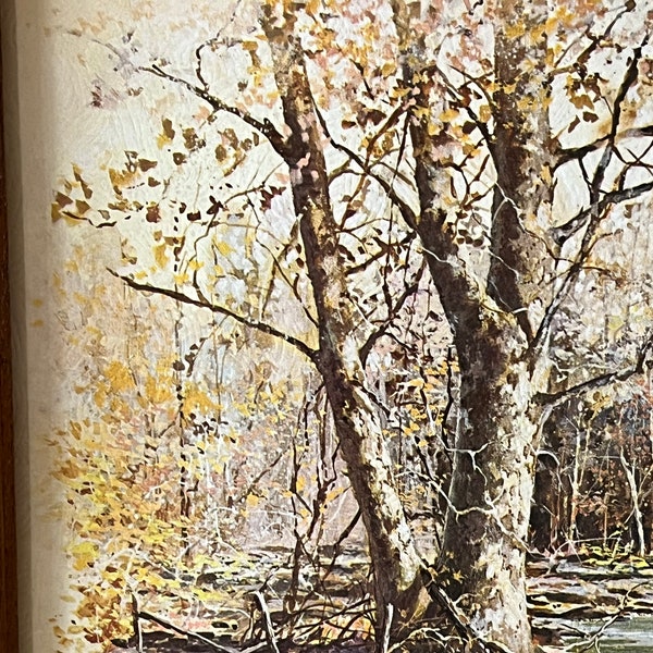 Vintage wall art / small autumn picture by Lew Stamm / framed wall art / picture on cardboard of autumn trees and stream