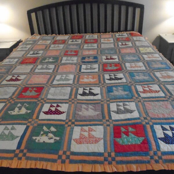 Gorgeous hand stitched old quilt with multicolored sailboats orange blue sashing child's boys blanket bedspread throw