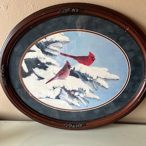 Vintage Cardinal Print: Signed & Numbered, Ornate Oval Frame