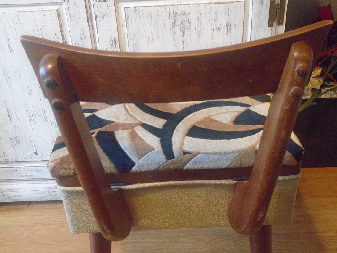 Mid century Danish modern wooden sewing chair with storage in Etsy