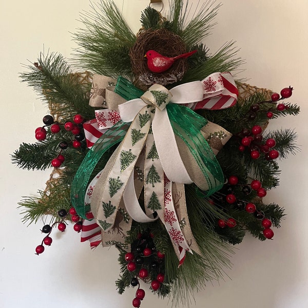 Winter evergreen wreath, door hanger made on jute snowflake form / evergreen wreath with red berries / Christmas wreath / holiday wreath