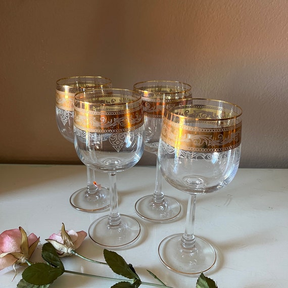 Discontinued Stolzle SZA4 Wine Glasses, Goblets / Gold Banded Wine Glasses  / Vintage Barware / Stolzle Crystal Stems / Etched Wine Glasses 