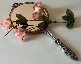 Vintage Marilyn Monroe Silver Plated Hand Mirror. Floral Art