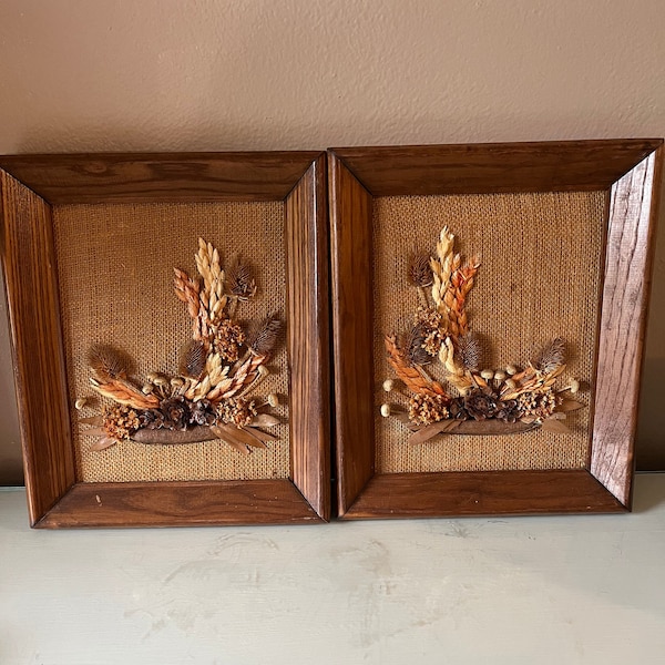 Vintage 3D framed dried floral pictures, wall art / made by Mallard Frame Inc in USA / starflower, thistle, other dried floral wall hangings