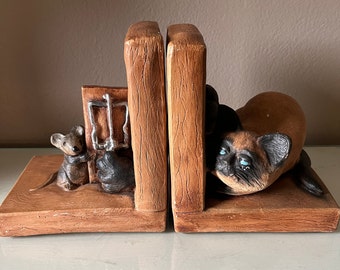 Heavy, used, vintage stone? bookends / cat and mouse bookends / 1979 Accents Unlimited cat and mouse bookends / novelty bookends