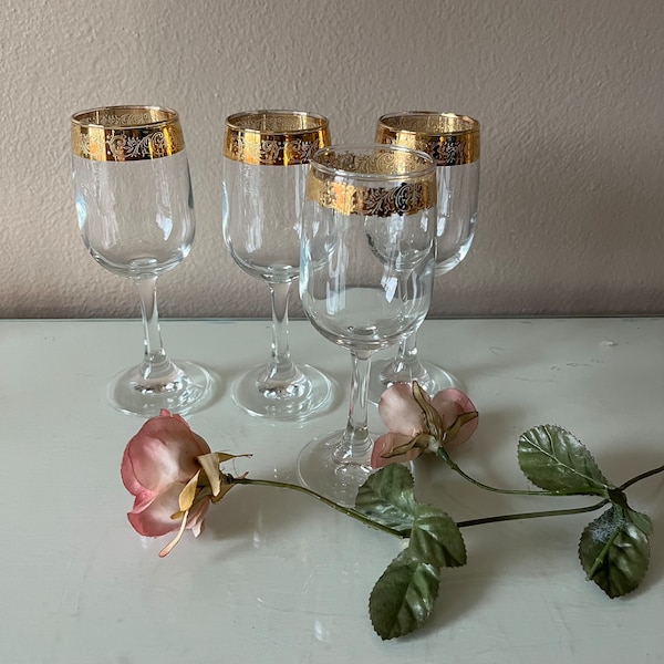 Vintage crystal stems / gold band etched flowers wine glasses / C9N1 by Cellini / Italian crystal stems, wine glasses / vintage barware