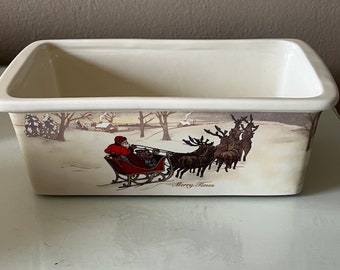 Hallmark winter, Christmas themed ceramic loaf pan / sleigh with reindeer beige ceramic loaf, bread pan / Christmas cookware