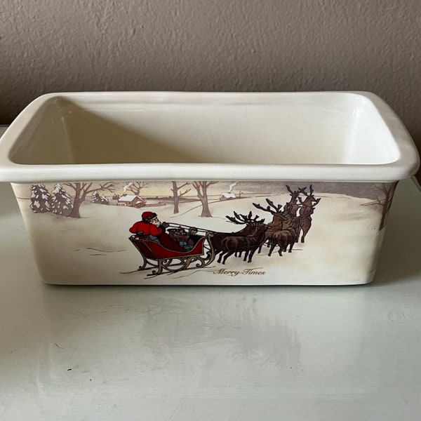 Hallmark winter, Christmas themed ceramic loaf pan / sleigh with reindeer beige ceramic loaf, bread pan / Christmas cookware