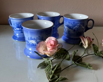 Used Currier and Ives Christmas Coffee Mugs: Winter Blue & White Set