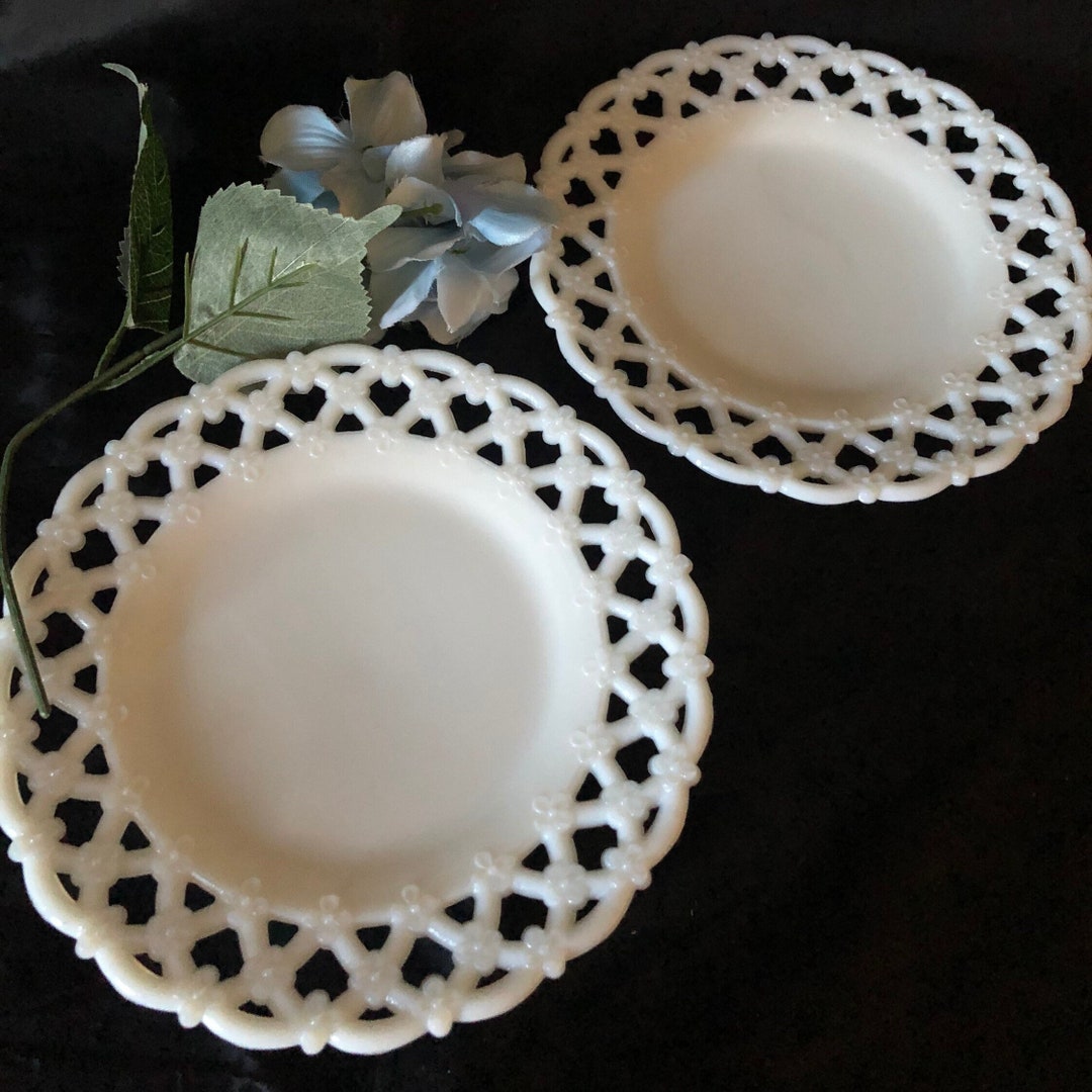 Used, White Milk Glass Luncheon Plates With Open Heart Lacy Edge / Vintage China Plates