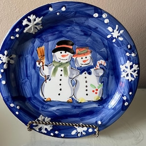Hand Painted Snowmen Christmas Plates: Raised Snowflake Rim, Set of 3 or 4