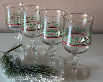 Vintage Libbey Christmas Wine Glasses: Holly Berry Bow Tie Stem Barware