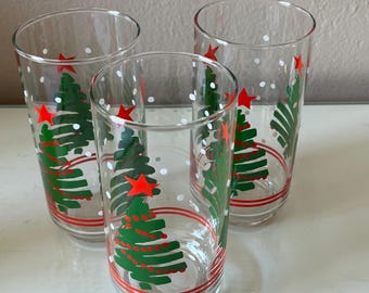 Vintage Christmas Water Glasses Set of 3: Green Tree & Red Stripe