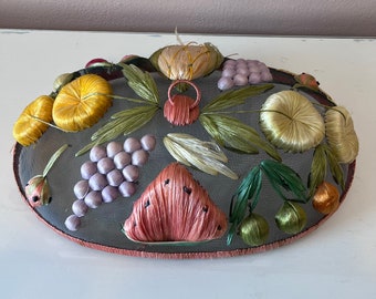 Large, oblong, vintage domed, mesh food cover, food saver, picnic pal / decorated with embroidered fruits, flowers / outside food covers