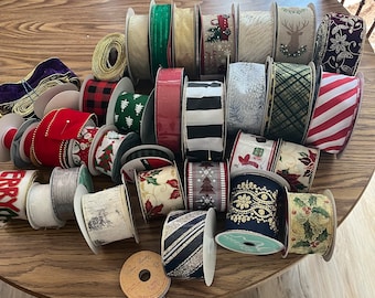 Huge lot of full & partial rolls quality wired Christmas ribbon  / large lot Xmas crafting ribbons for wreaths, centerpieces, craft projects