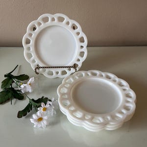 Hazel Atlas Milk Glass Salad Plates: Vintage Open Lace Edge Set of 4
