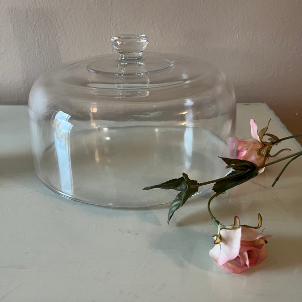 Large glass domed cake lid / kitchen gadget / heavy glass cake plate cover with flat knob