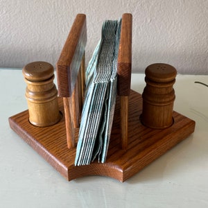 Vintage Wood Salt Pepper Shaker & Napkin Holder: Rustic Kitchen Decor; USA Made